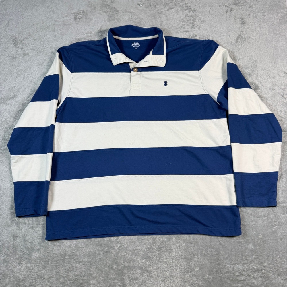 IZOD Mens XXL Long Sleeve Polo Rugby Shirt Blue White Striped Saltwater Relaxed